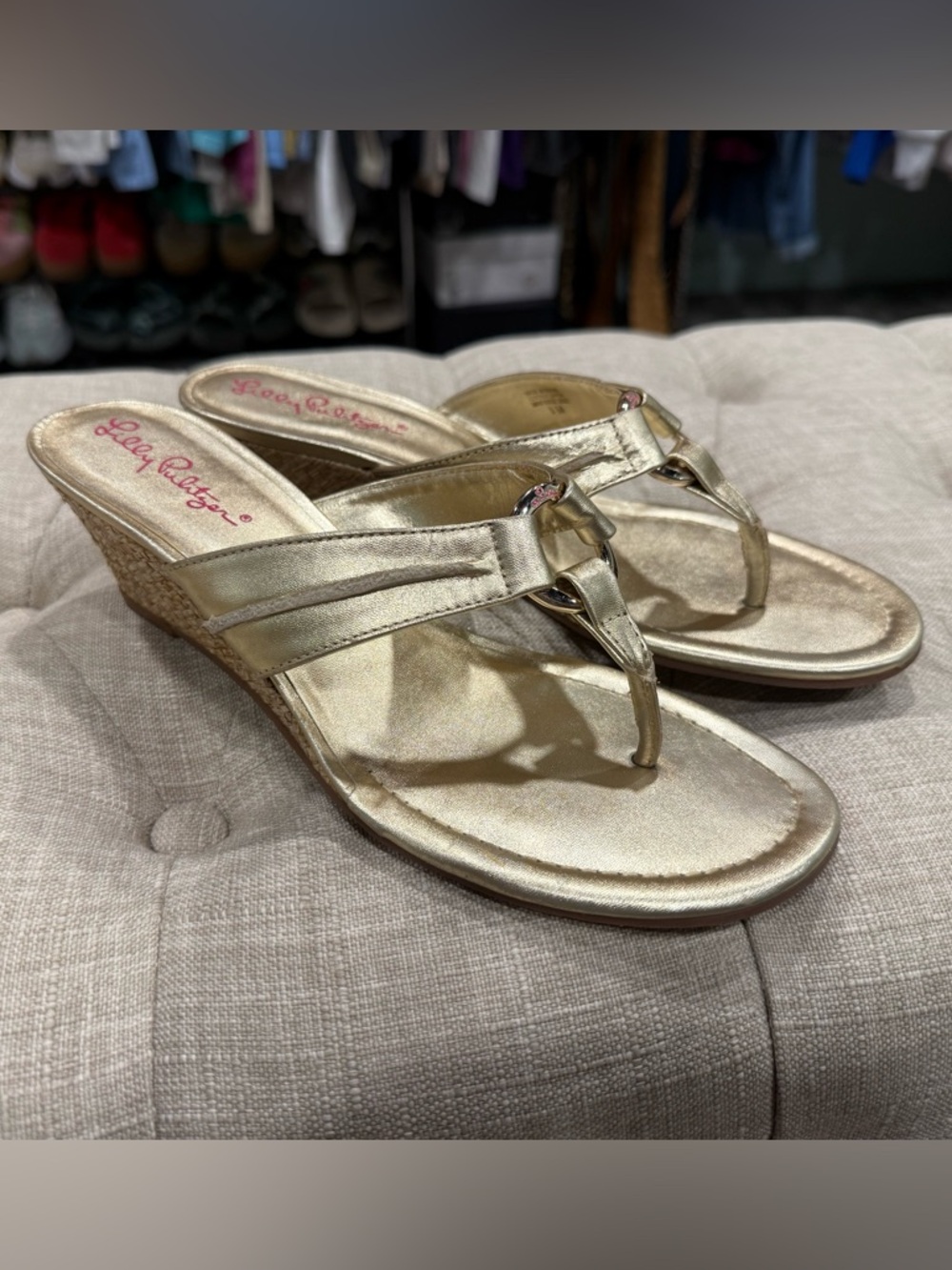 Lilly Pulitzer McKim Size 8 Metallic Gold Leather Raffia Wedge Sandals